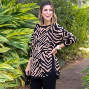 CAbi # 3884 Dani Pullover Sweater Tan Black Zebra Dazzle Stripe Medium Mob Wife